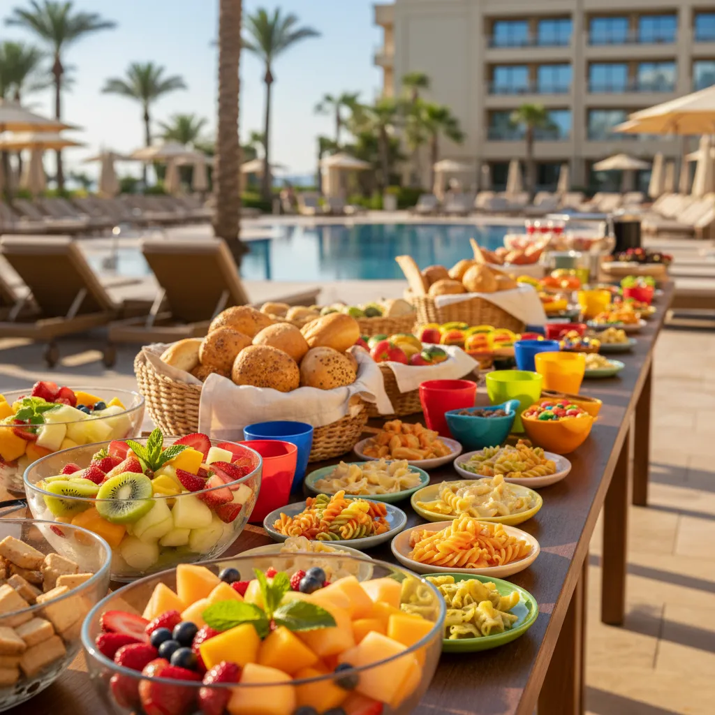 Farverig børnebuffet med frugt og pasta på et all inclusive familiehotel