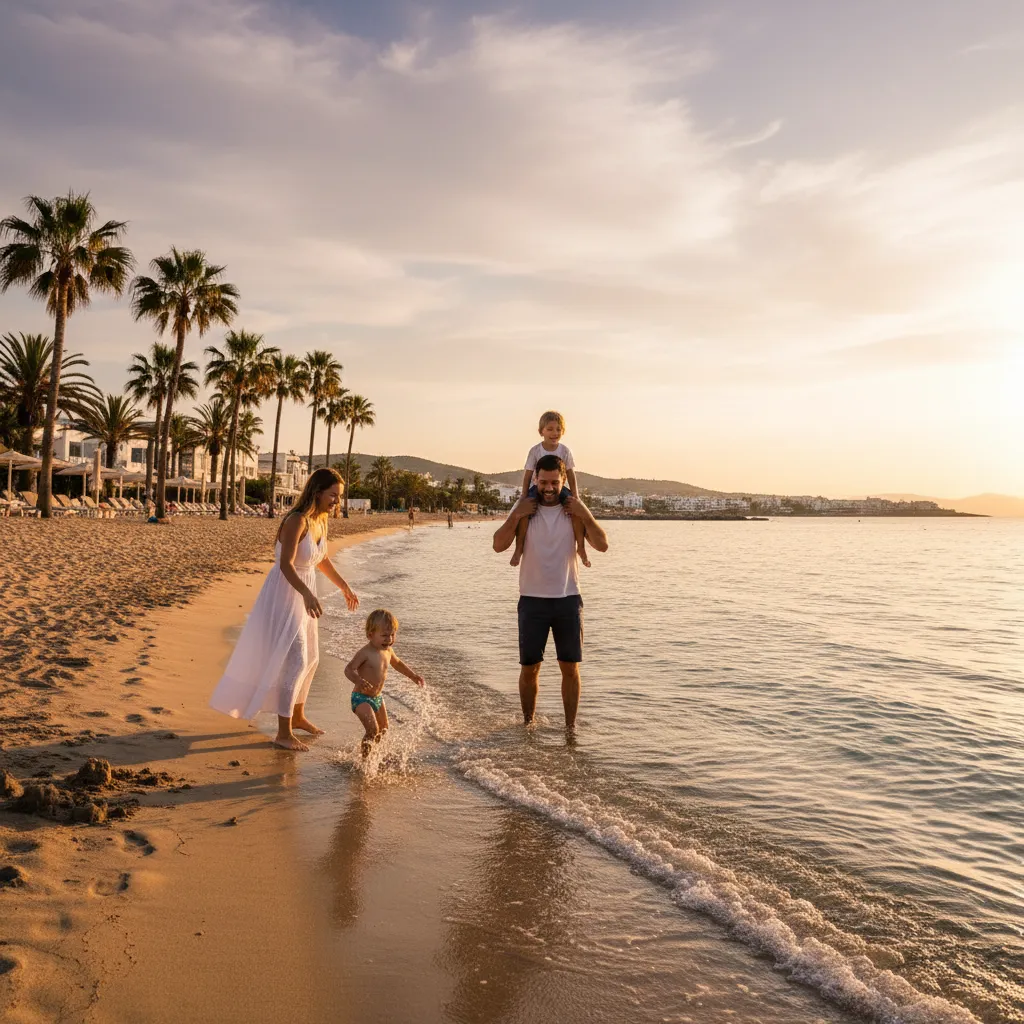 Solrig strand ved Middelhavet med lavt vand og en lille familie i forgrunden