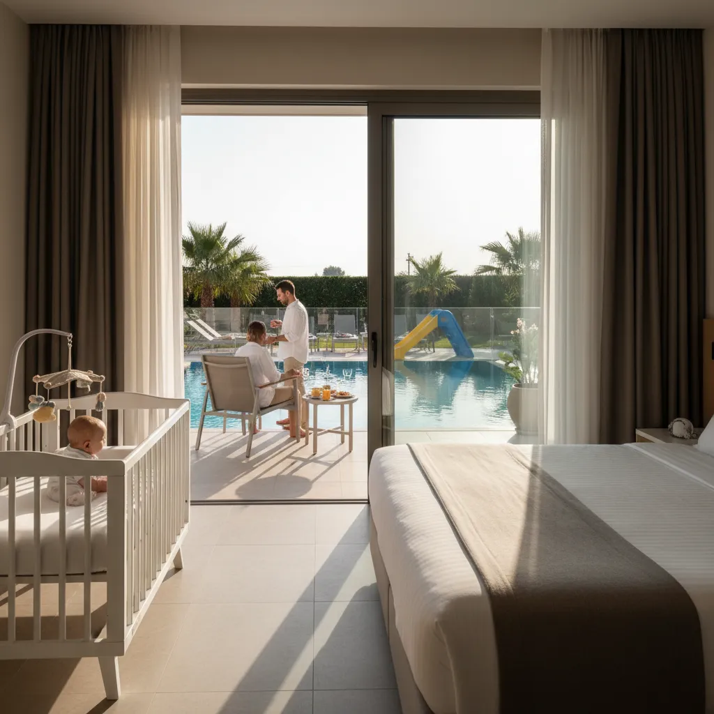 Børnevenligt hotelværelse med barneseng, børnepool og legeplads i baggrunden