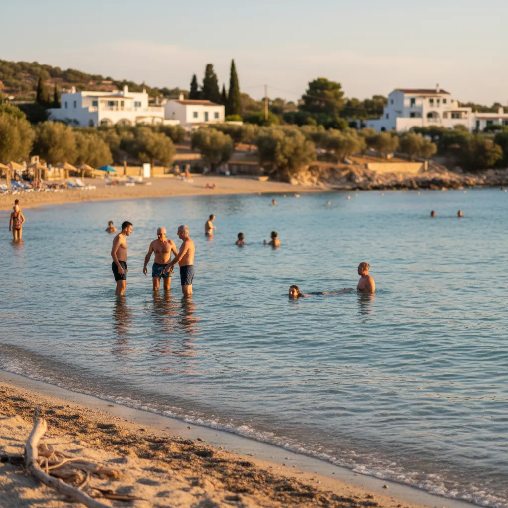 Fredelig efterårsstemning på en sydeuropæisk strand med varmt lys og klart blåt hav