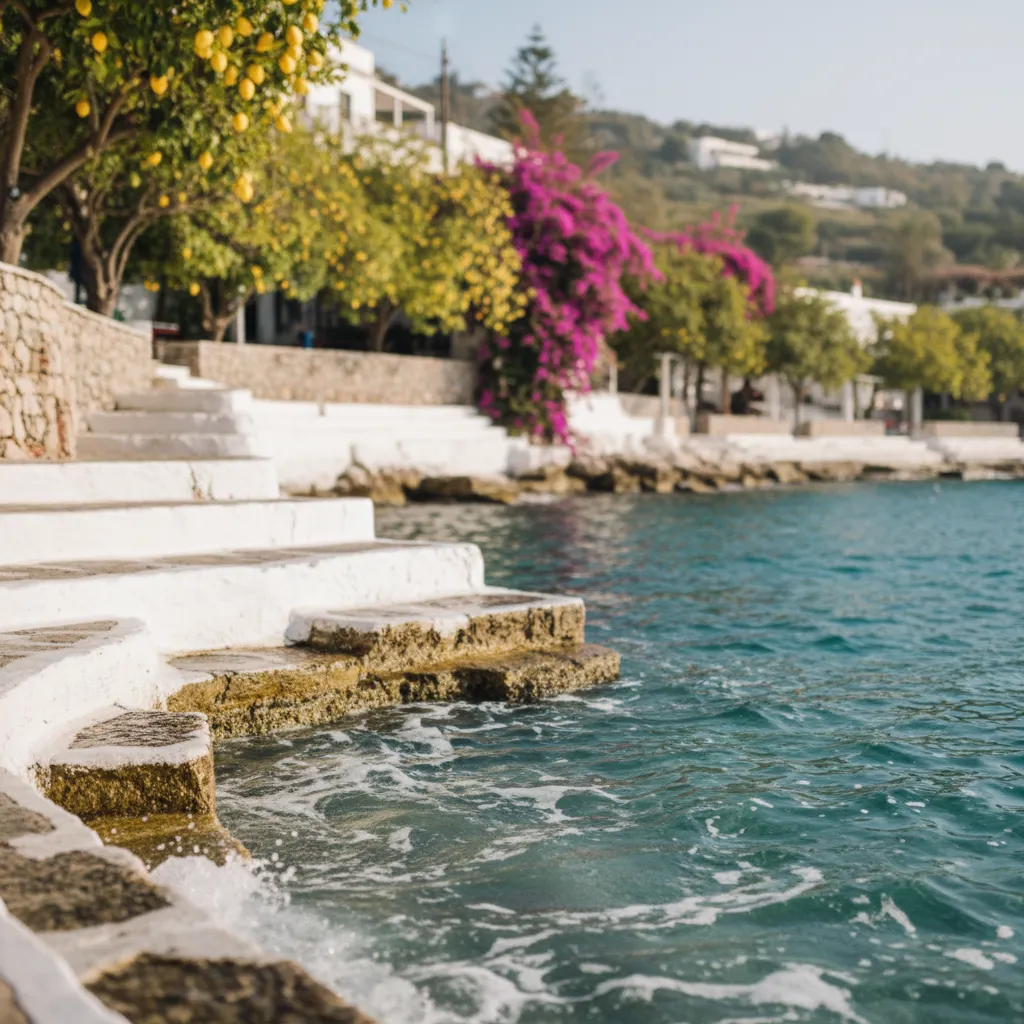 Middelhavskyst med blåt vand og hvide klipper i sommersolskin