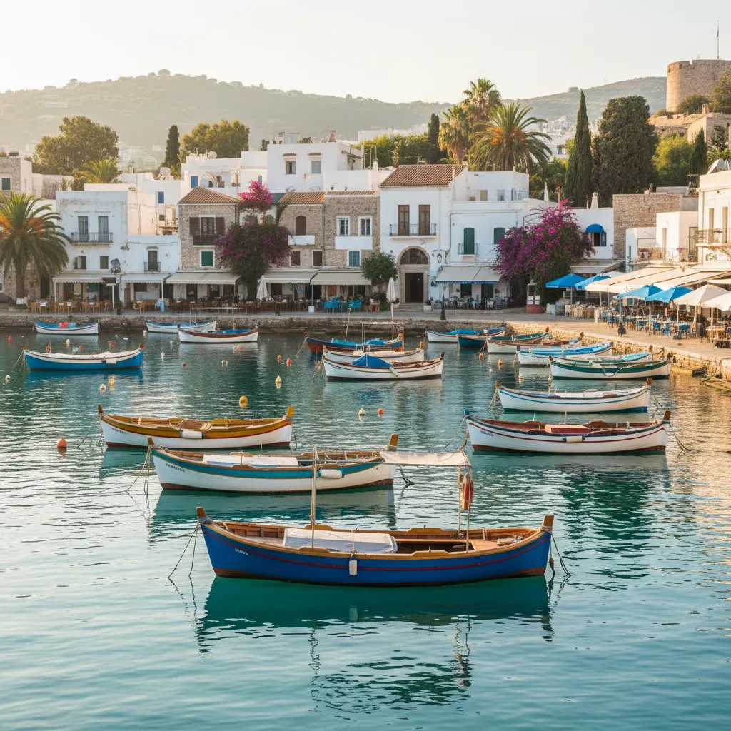 Solrig sydeuropæisk havn med fiskerbåde og farverige huse ved Middelhavet