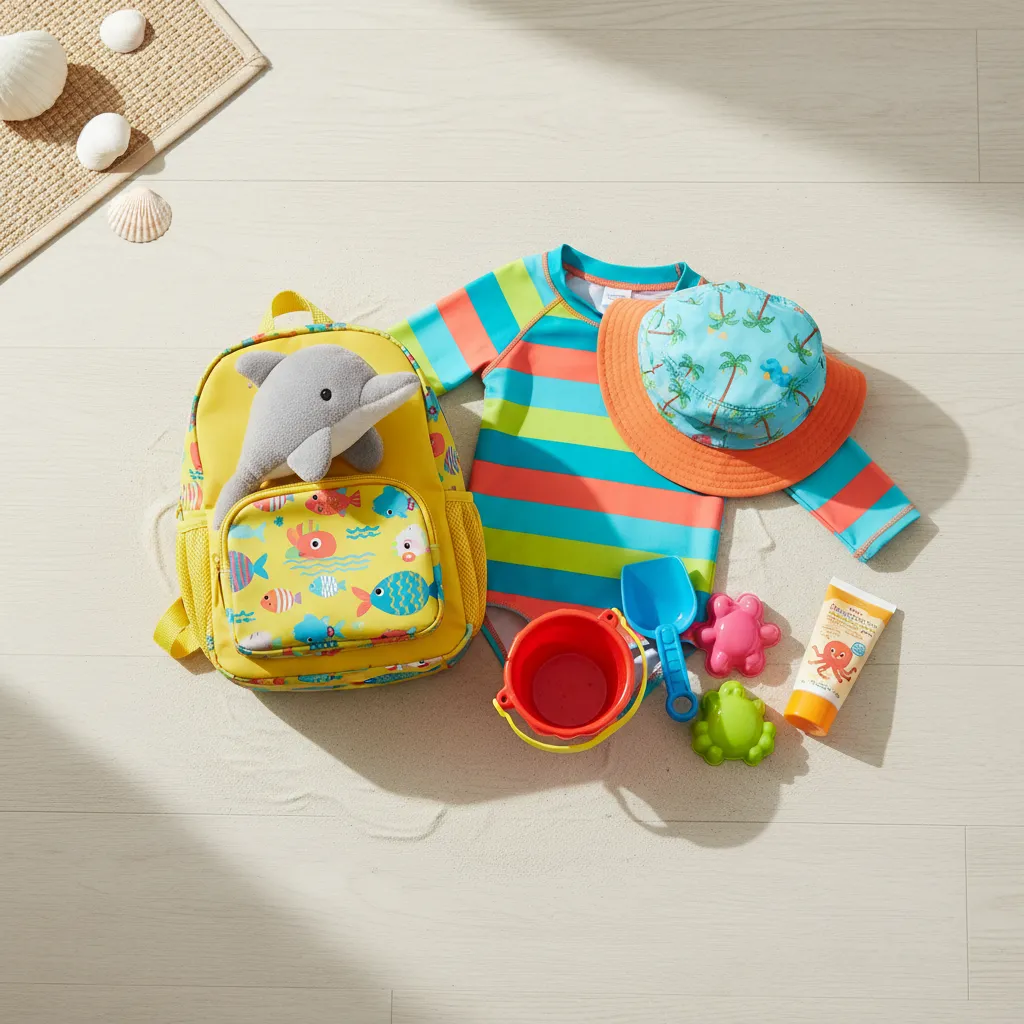 Børnetøj, UV-dragt, sandlegetøj og solcreme pakket i en farverig børnekuffert