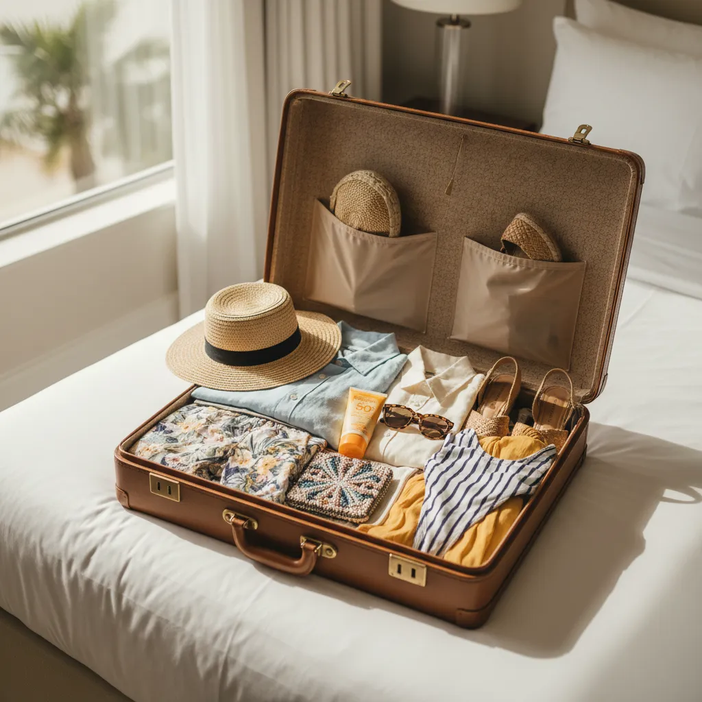 Åben kuffert pakket med sommertøj, solcreme, solbriller og rejsedokumenter klar til solferie