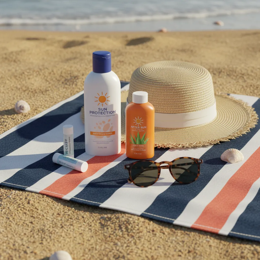 Solcreme, solhat, solbriller og after sun-lotion lagt ud på et strandhåndklæde