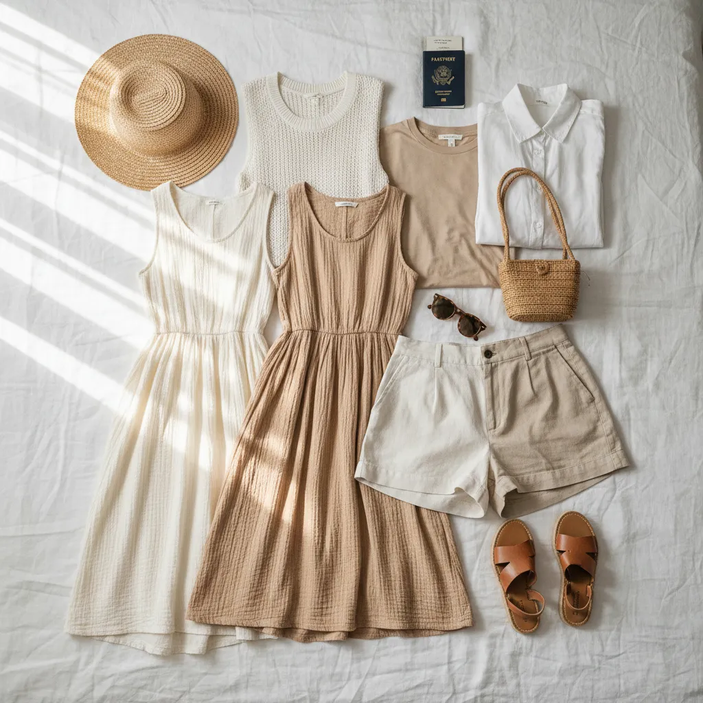 Capsule-garderobe til solferie lagt pænt ud på en seng med lette sommerkjoler og shorts