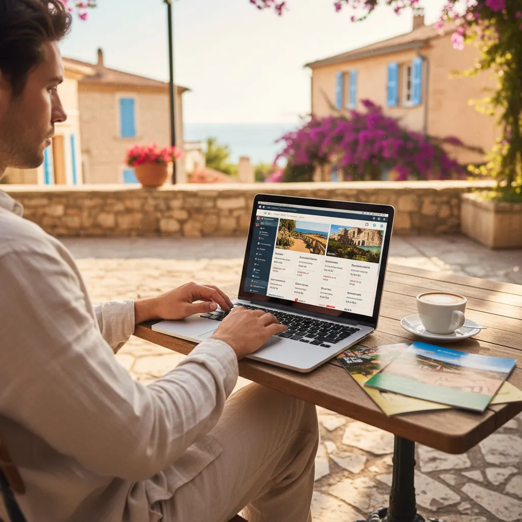 Person søger billige afbudsrejser på laptop ved et solrigt vindue