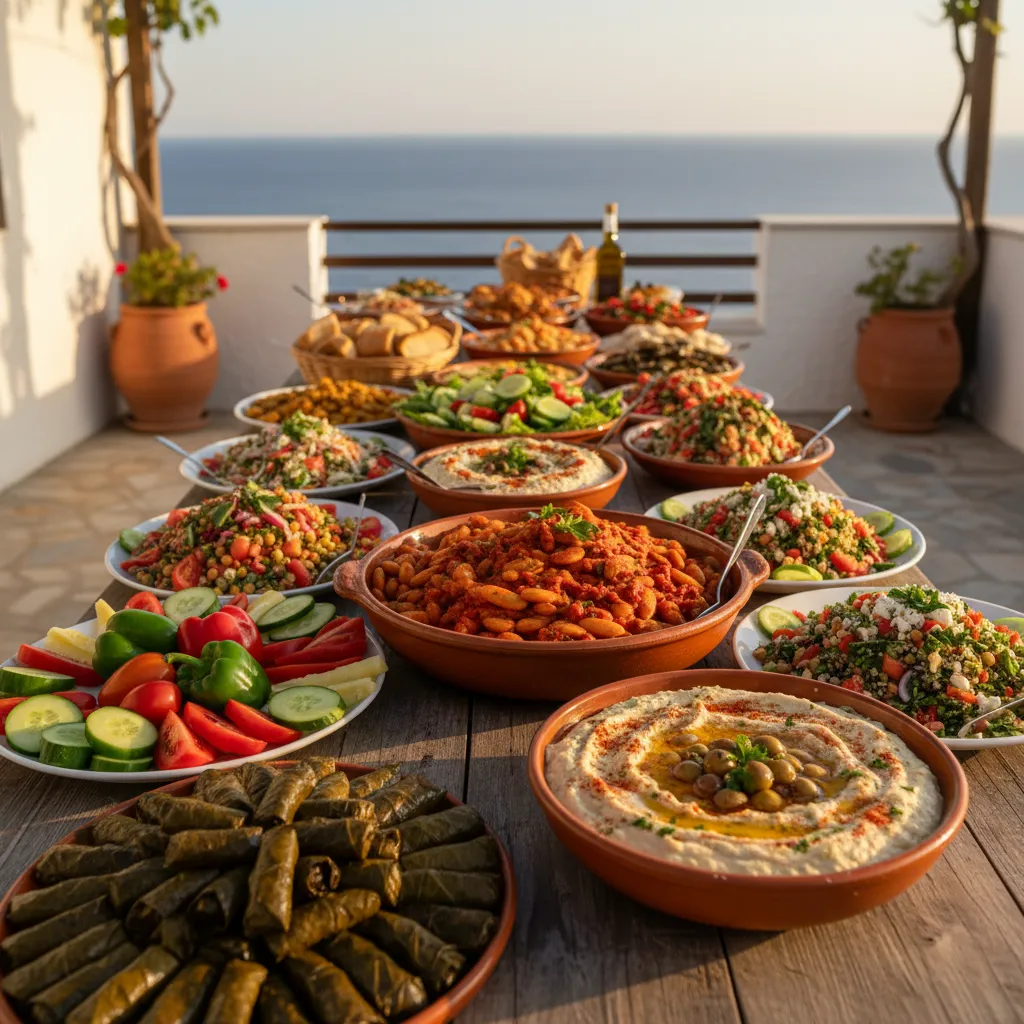 Traditionel græsk buffet med dolmades, gigantes plaki og friske grøntsager ved et hotel med havudsigt